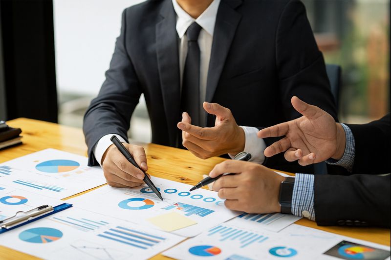 Leadership team working with a business consultant on strategy