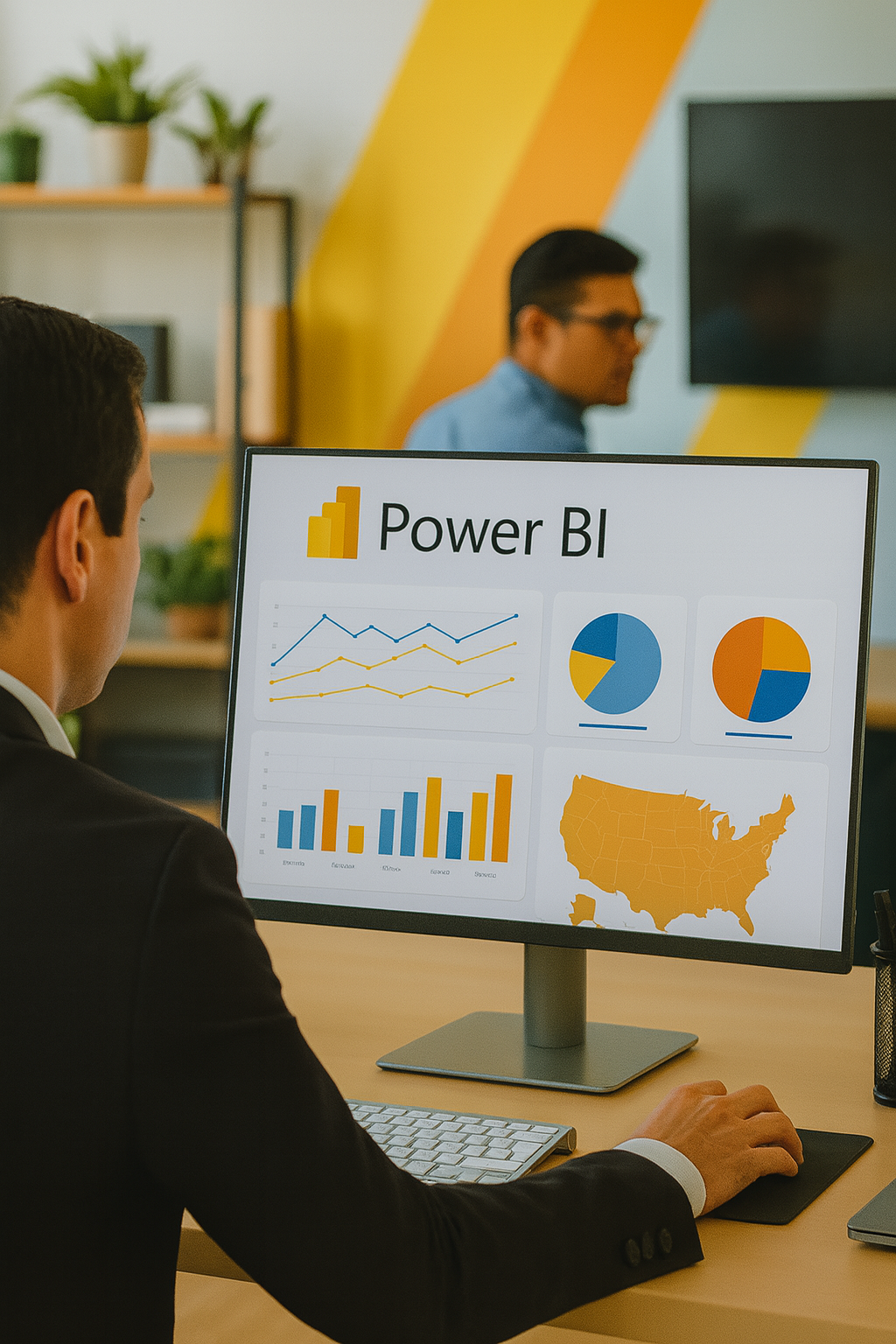 Power BI feature cards showing analytics and tracking